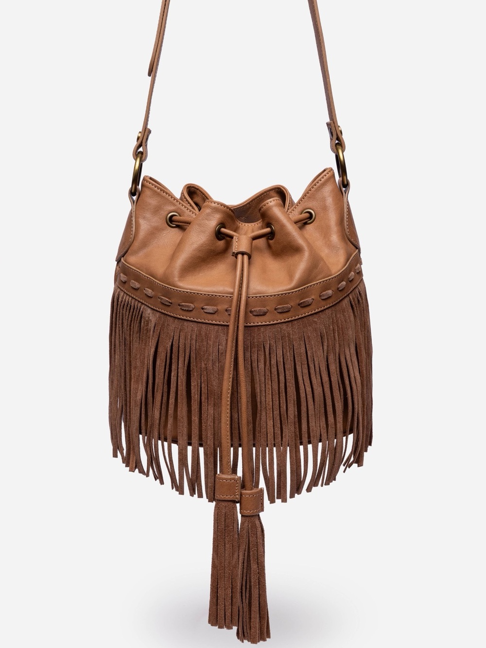 JOHNNY WAS ITALIAN LEATHER FRINGE BUCKET BAG